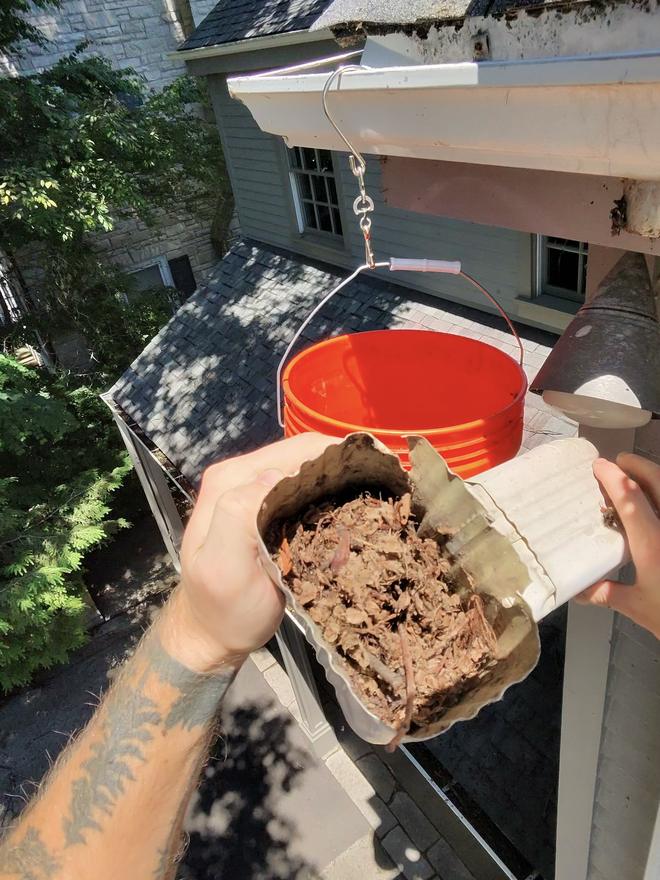 Downspout elbow packed with debris